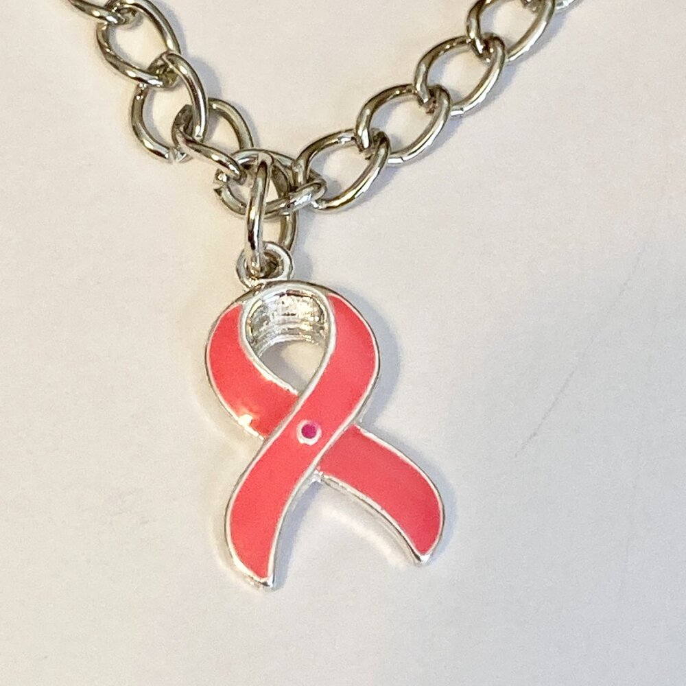 Pink Ribbon Anklet Breast Cancer Awareness Charm Bracelet 8-10.5" Rhodium